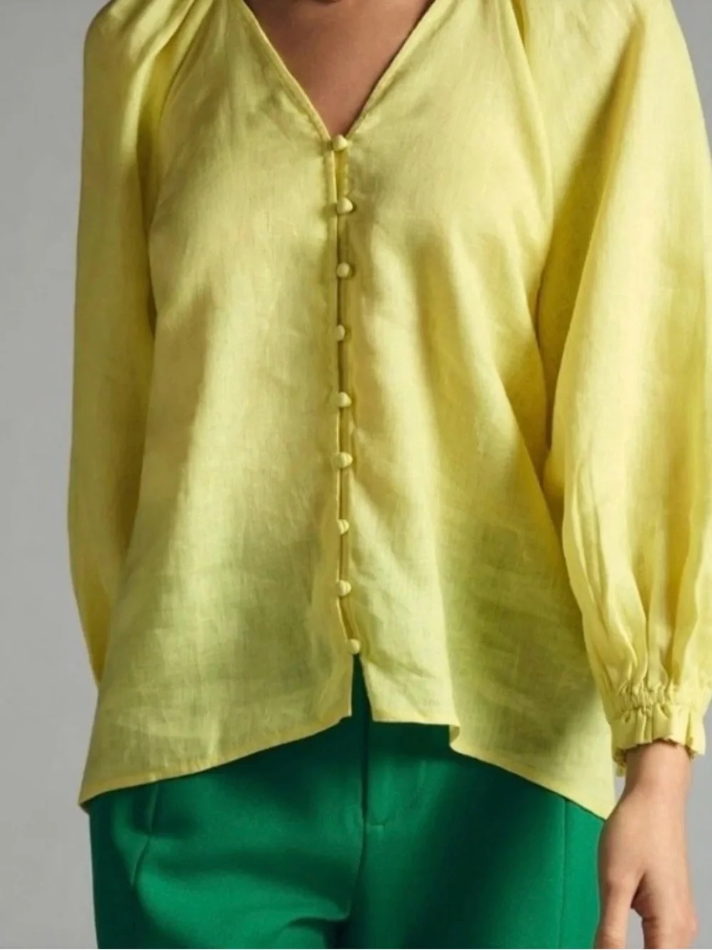 Anthropologie Maeve Linen Pale Yellow Button-Front V-Neck Blouse - Picture 5 of 10